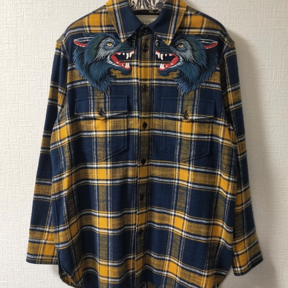 Gucci Wolf Animalium Embroidered Checkered Flannel Shirt